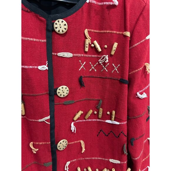 Indigo Moon Embellished Sz Medium Button Front Cardigan Jacket Red Embroidered - Picture 4 of 8